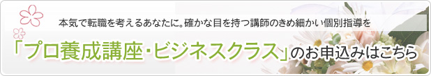 本気で転職を考えるあなたに確かな目を持つ講師のきめ細かい個別指導を「プロ養成講座・ビジネスクラス」のお申込みはこちら